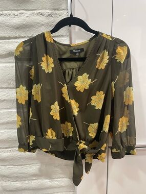 Madewell Floral Olive Green and Yellow Floral Flowy Sheer Blouse with Tie Small